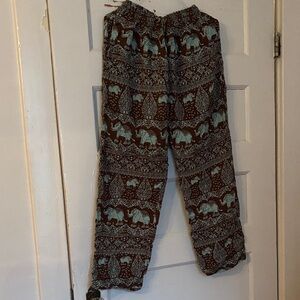 Thai Elephant Print Pants in Brown and Teal